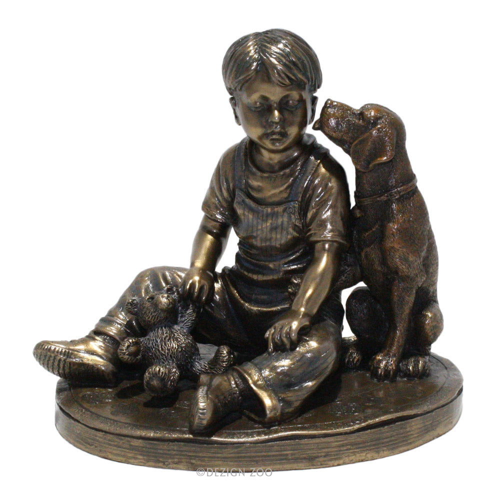 bronze boy with dog sculpture