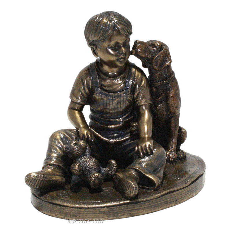 bronze boy with dog sculpture alt view