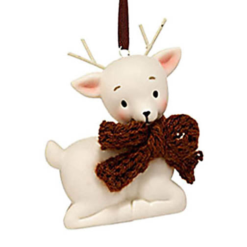 department 56 white porcelain deer with antlers ornament wearing a brown bow hanging from color coordinating ribbon