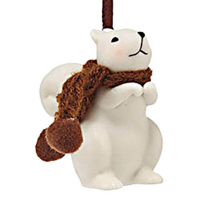 department 56 white porcelain squirrel ornament wearing a brown knit scarf hanging from color coordinating ribbons