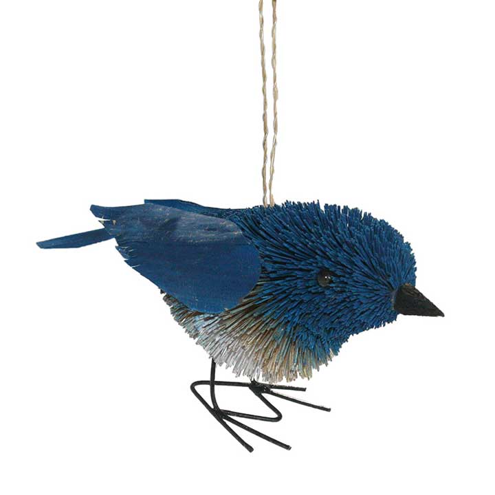 front, right side view of natural bottle brush bluebird with metal legs and wood beak and wings figurine ornament