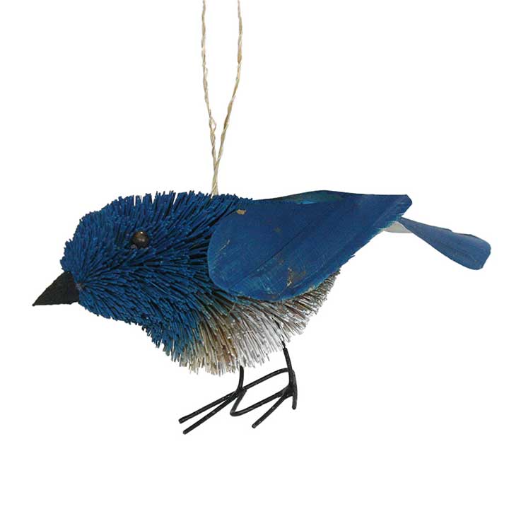 left side view of natural bottle brush bluebird with metal legs and wood beak and wings figurine ornament
