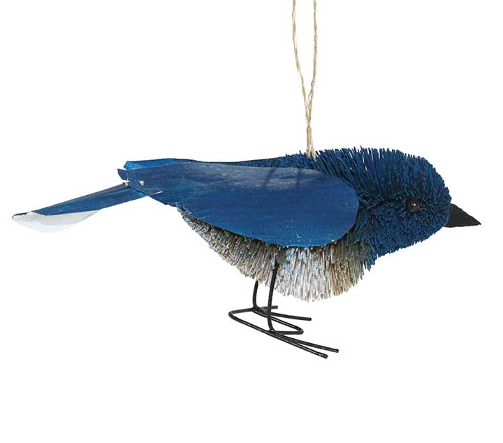 natural palm fiber bottle brush bluebird with metal legs and wood beak and wings figurine ornament - right side view