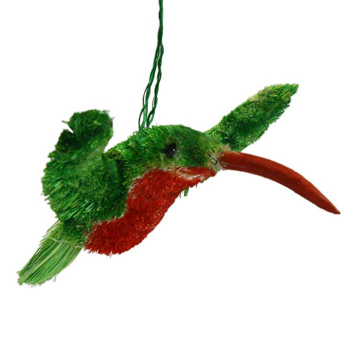 natural palm fiber bottle brush ruby throated hummingbird with red chest and wood beak figurine hanging ornament