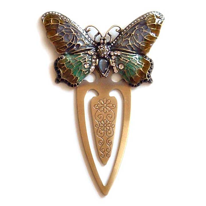 bookmark - purple green brown black enameled butterfly with crystal accents on etched brass