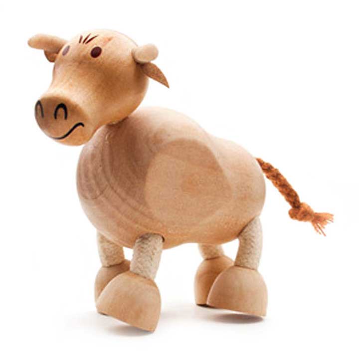 anamalz wood and cloth bull figurine, pretend play interactive toy - left side, front view
