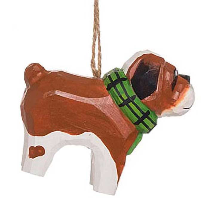 hand carved and painted wood bulldog in green and black scarf ornament