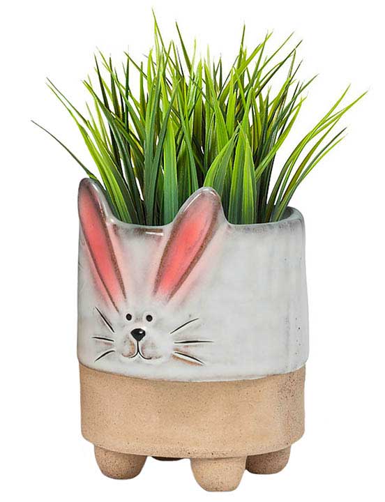 small ceramic bunny rabbit planter - image showing container with plants