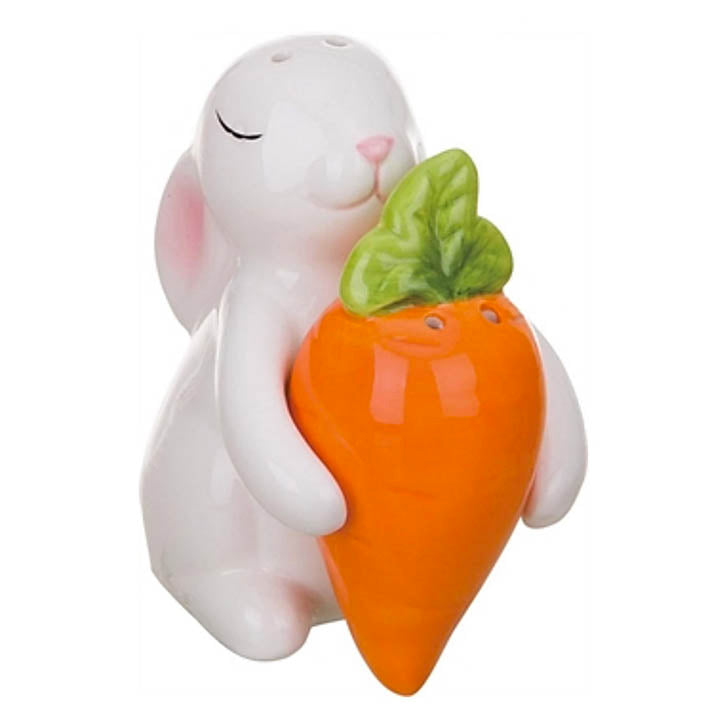 front right side view ceramic bunny rabbit holding carrot 2 piece salt and pepper shakers