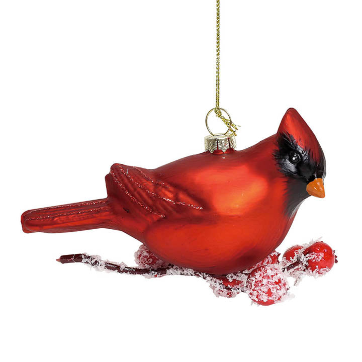 right side view of department 56 glass red cardinal on glittered berry branch christmas ornament with hanger