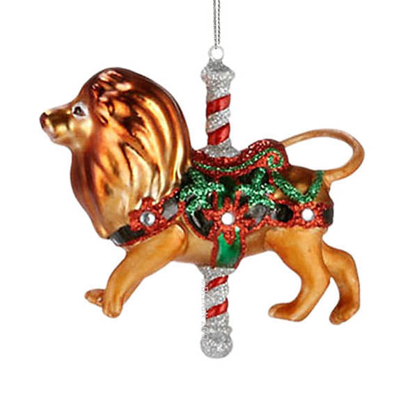 glass department 56 lion carousel animal ornament with candy cane pole, red and green glitter and rhinestone accented saddle