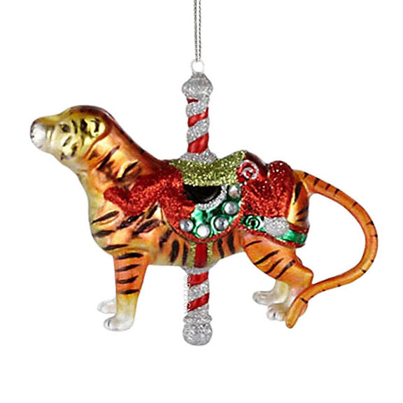 glass department 56 tiger carousel animal ornament with candy cane pole, red and green glitter and rhinestone accented saddle