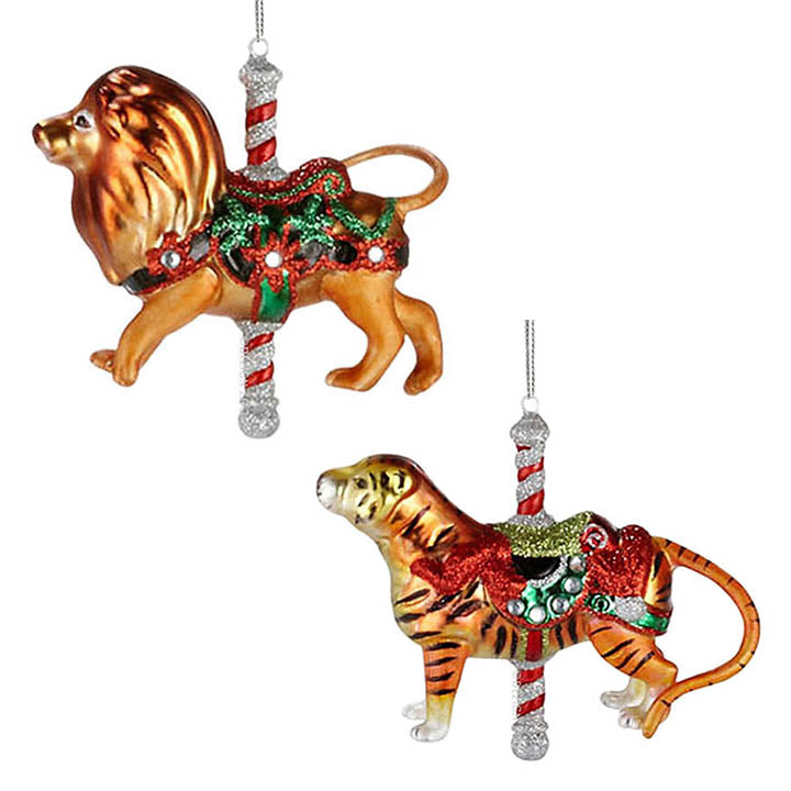 glass department 56 tiger and lion carousel animal ornament with candy cane poles, red and green glitter and rhinestone accented saddles