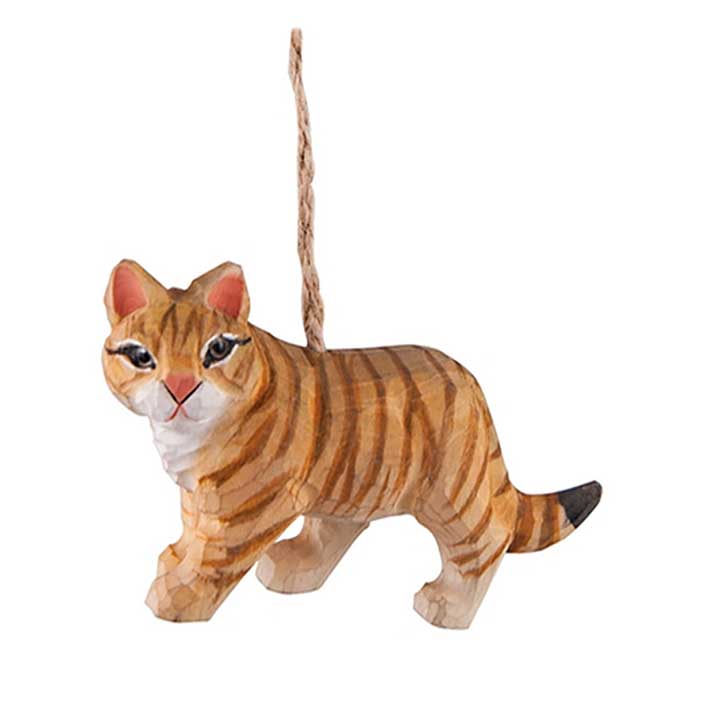 hand carved wood orange and brown tabby cat with green eyes and black tipped tail figurine ornament with natural jute hanger