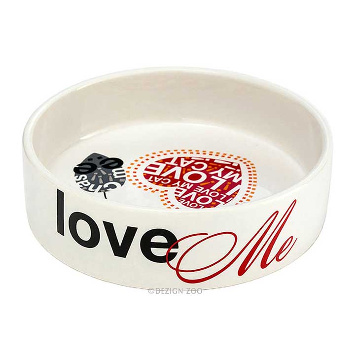 enesco, Designer Ceramic Cat Food or Water Bowl - side showing "love me" text, interior graphics