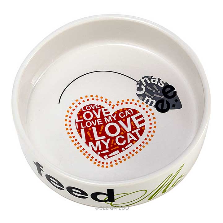 enesco, Designer Ceramic Cat Food or Water Bowl - inside view, love my cat and chase me mouse graphics