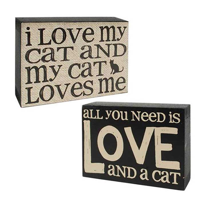 blossom bucket box signs - set of 2, I love my cat and my cat loves me, all you need is love and a cat, desk or wall decor