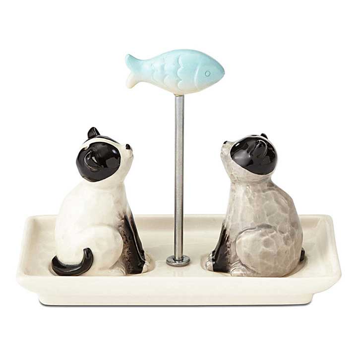 enesco 4058442 cat salt and pepper shaker set with fish handle tray