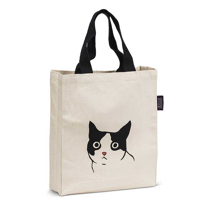 off-white canvas tote, reusable grocery bag with black and white tuxedo cat print and black handles