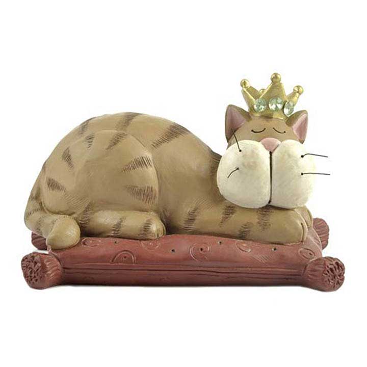blossom bucket cat figurine - yellow striped tabby with rhinestone accented crown facing forward laying on a red pillow