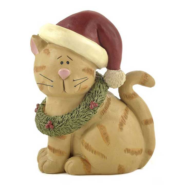 blossom bucket figurine of cat wearing a santa hat with pine wreath with holly berrys around its neck