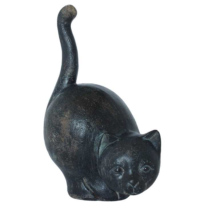 antique finish cat with tail up figurine - front, right side view