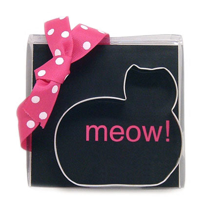 ann clarke cat cookie cutter in clear box with white polka dot pink bow and word meow!