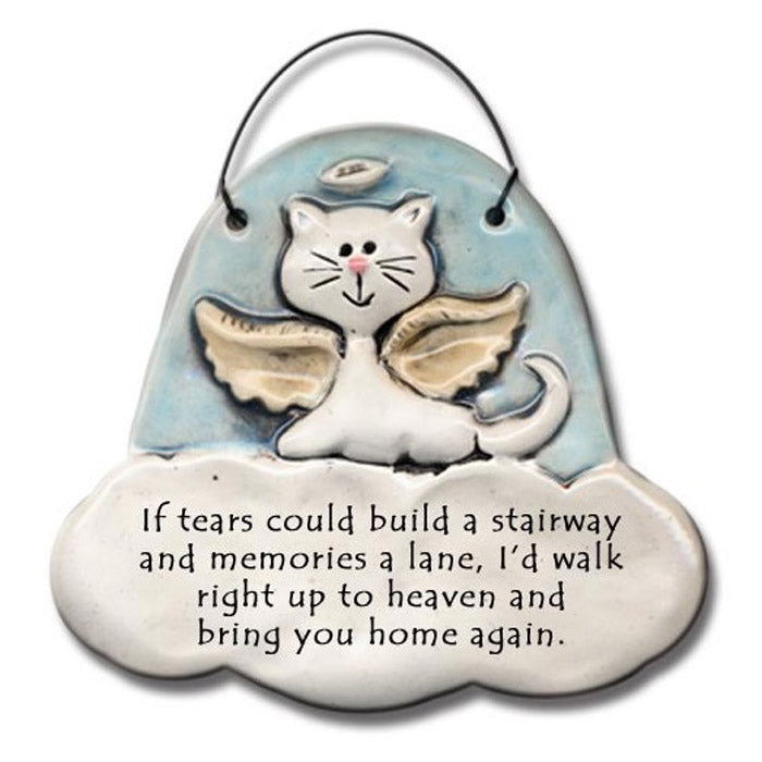 handmade embossed ceramic cat with halo and wings on cloud with poem hanging memorial plaque