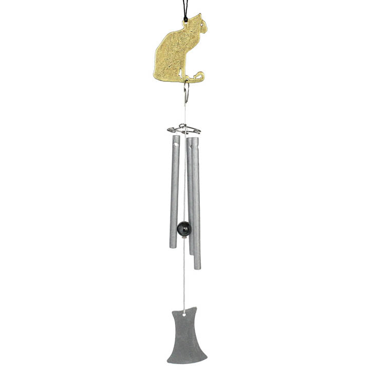 brass sitting cat with silver colored musical tubes and clapper hanging wind chimes