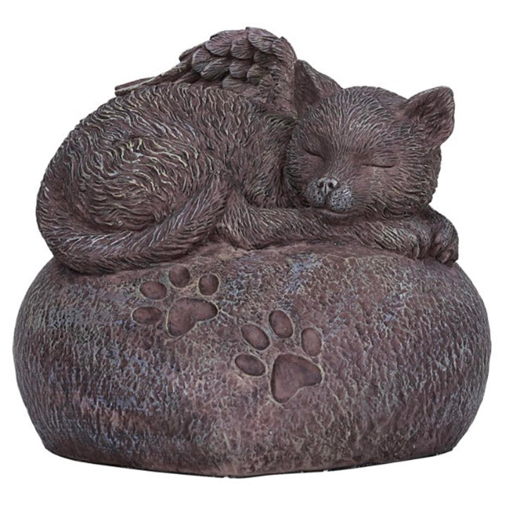 brown colored urn for ashes depicting a cat with angel wings sleeping on top of a stone with etched paw prints