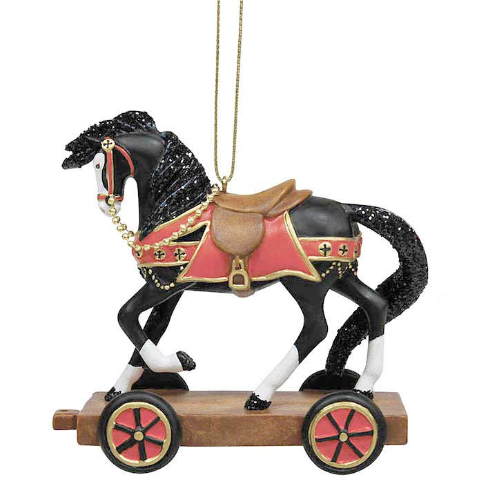 trail of painted ponies christmas past - black horse with red and brown tack pull-toy ornament - right side view, hanging