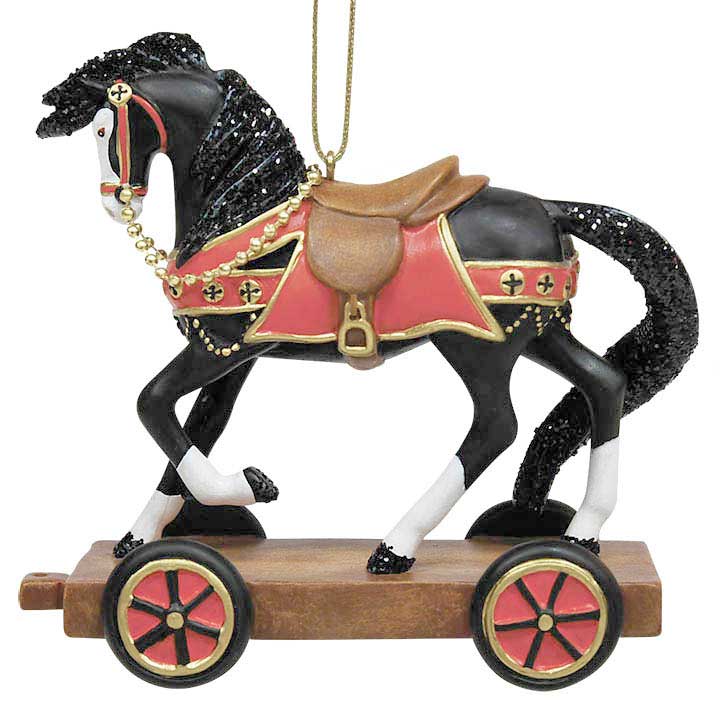 trail of painted ponies 6011701 christmas past - black horse with red and brown tack facing left pull toy ornament