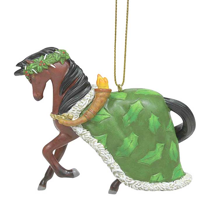 trail of painted ponies spirit of christmas present ornament, horse in holly print blanket - left side view showing cord for hanging