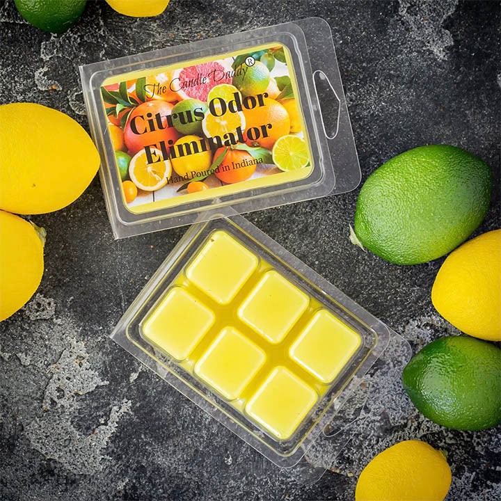 candle daddy citrus scented oder eliminating wax melts packs shown on counter with lemons and limes