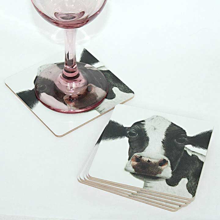 holstein cow coaster set with wine glass