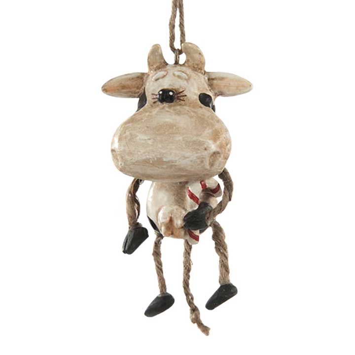 bert anderson resin cow holding candy cane with jute legs hanging christmas ornament - full front view