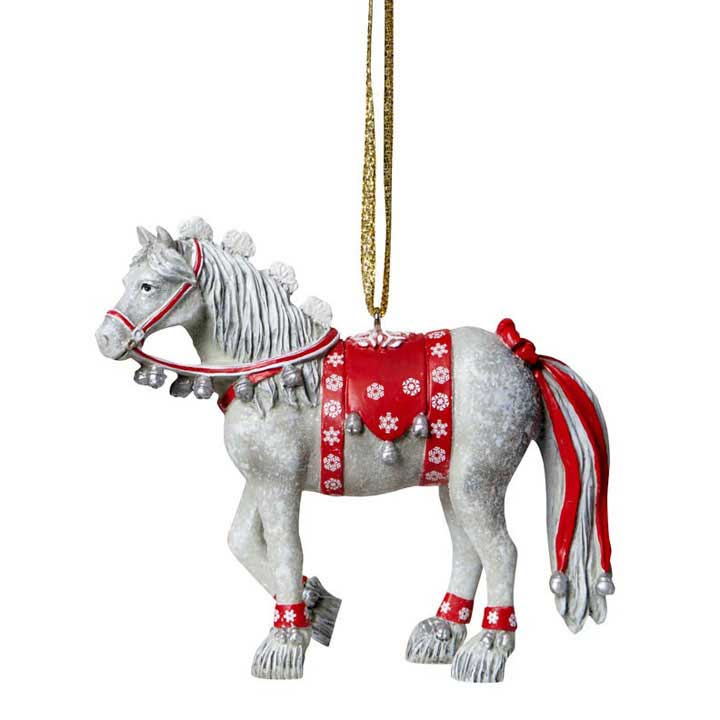 painted ponies dashing through the snow hanging ornament shown hanging from gold cord