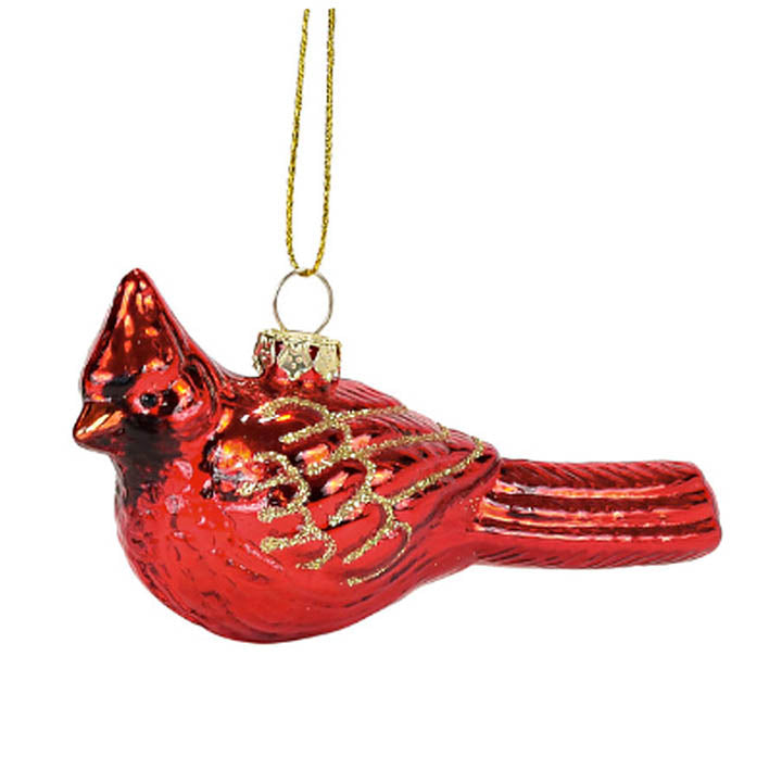 left side view department 56 glass red cardinal with glitter accented wings hanging ornament
