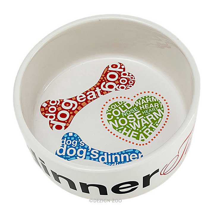 enesco, medium size ceramic designer dog food bowl or water dish - view of interior graphics, bones and heart with text