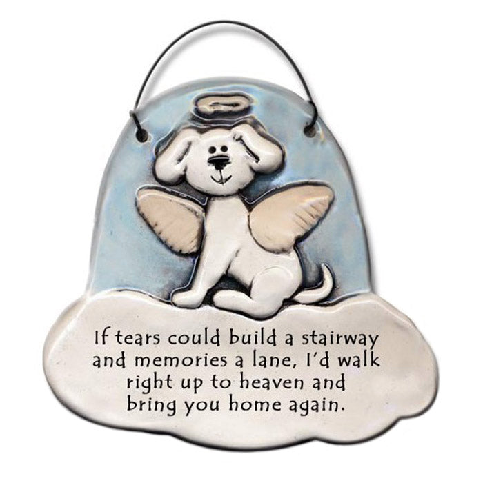 handmade embossed ceramic dog with halo and wings on cloud with poem hanging memorial plaque