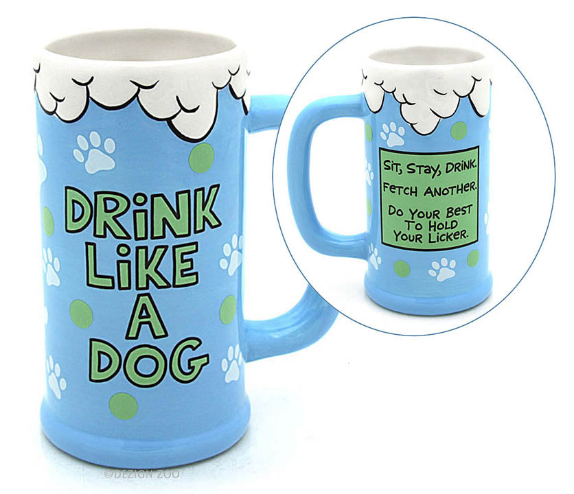 our name is mud blue mug with white "foam" at top and white paw print and green dot art image showing both front and back