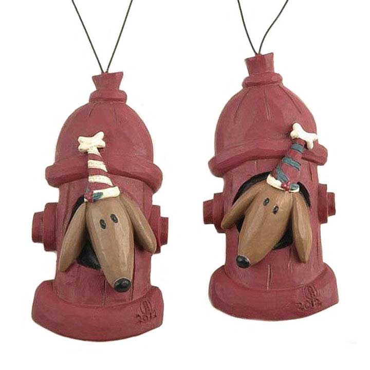 blosson bucket ornaments, gift tags - set of 2 dachshund dogs with red and white stocking caps peeking out of fire hydrants, christmas decor