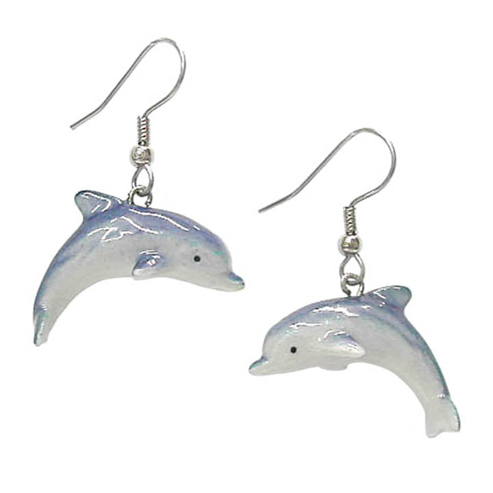 porcelain dolphin earrings with silver metal french hoops one facing right the other facing left