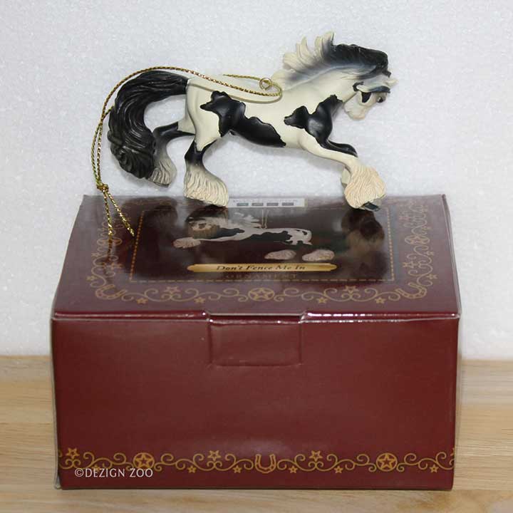 trail of painted ponies 4040983 don't fence me in black and white vanner horse ornament - image of right side view of ornament on top of gift box