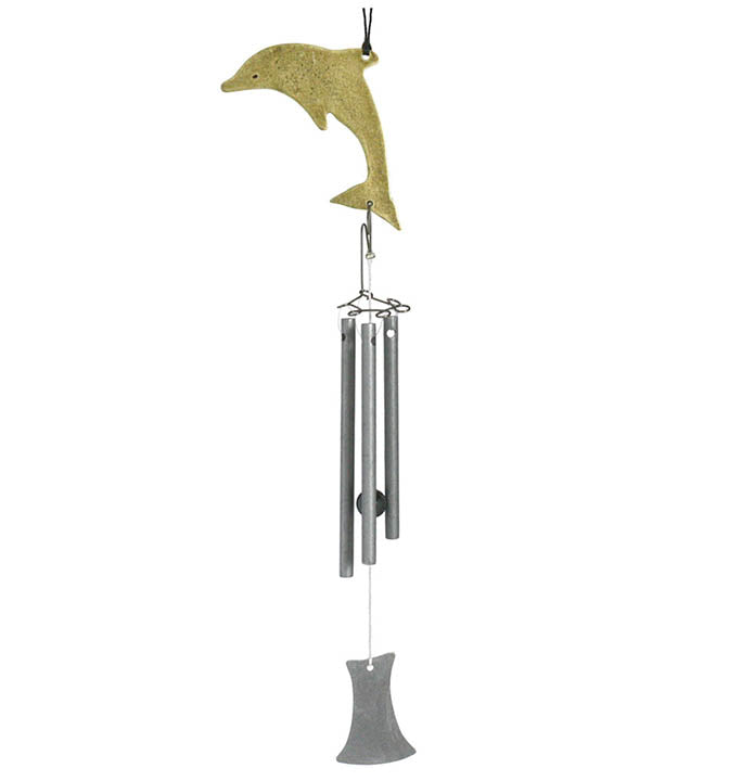 brass dolphin with silver colored musical tubes and clapper hanging wind chimes