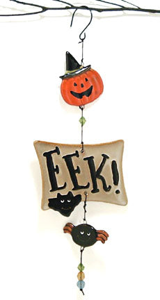 ceramic halloween dangler ornament with EEK! words, jack o lantern pumpkin in witch hat, black bat and spider on hook hanging from branch