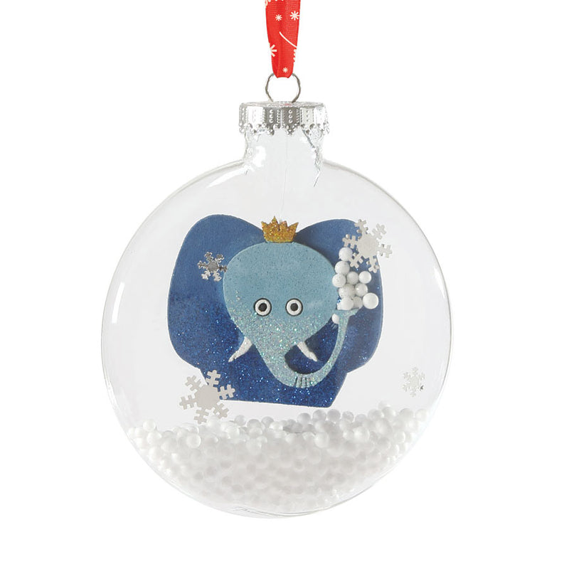 department 56 animalz collection elephant and styrofoam snow inside a glass disc ornament hanging from red and white ribbons