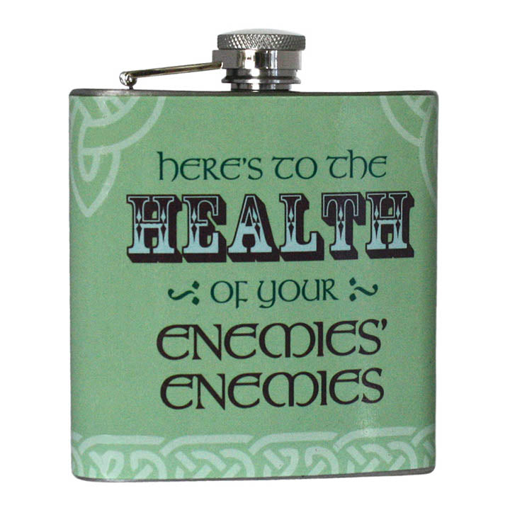 green celtic design metal flasks with irish proverb here's to the health of your enemies enemies