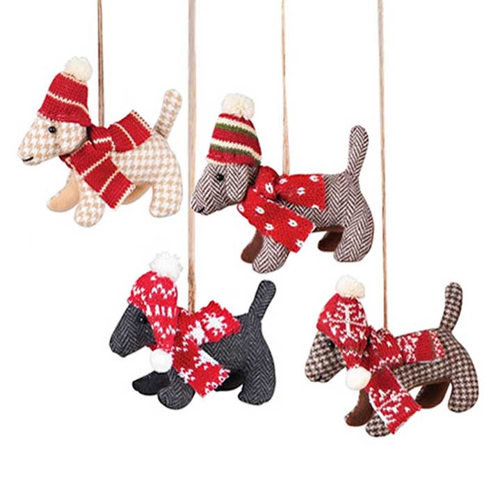 set of 4 dog ornaments - houndstooth and herringbone fabric dogs in holiday patterned red, white and green scarves and hats