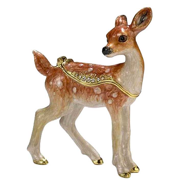 gold accented clear crystal bejeweled enameled pewter fawn deer figurine, trinket box, jewelry box - left side view with baby deer facing backward